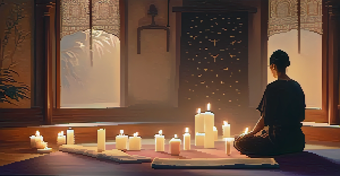 A tranquil meditation scene with a person seated in a peaceful environment, surrounded by candles and incense, suggesting a calm atmosphere enhanced by soft music.