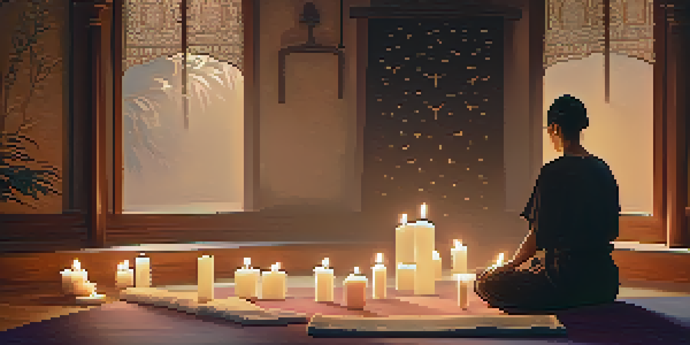 A tranquil meditation scene with a person seated in a peaceful environment, surrounded by candles and incense, suggesting a calm atmosphere enhanced by soft music.