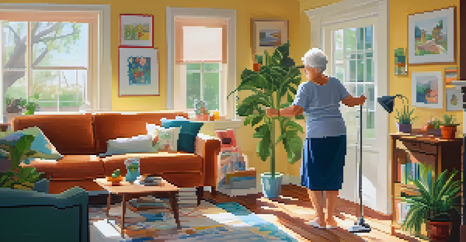 A senior happily cleaning and dancing in a cozy living room, enjoying music with a bright and cheerful atmosphere.