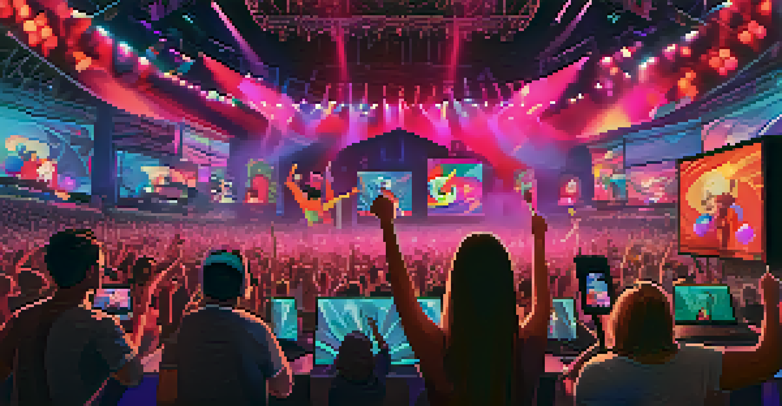 A virtual concert scene with fans interacting through their devices while an artist performs on stage.