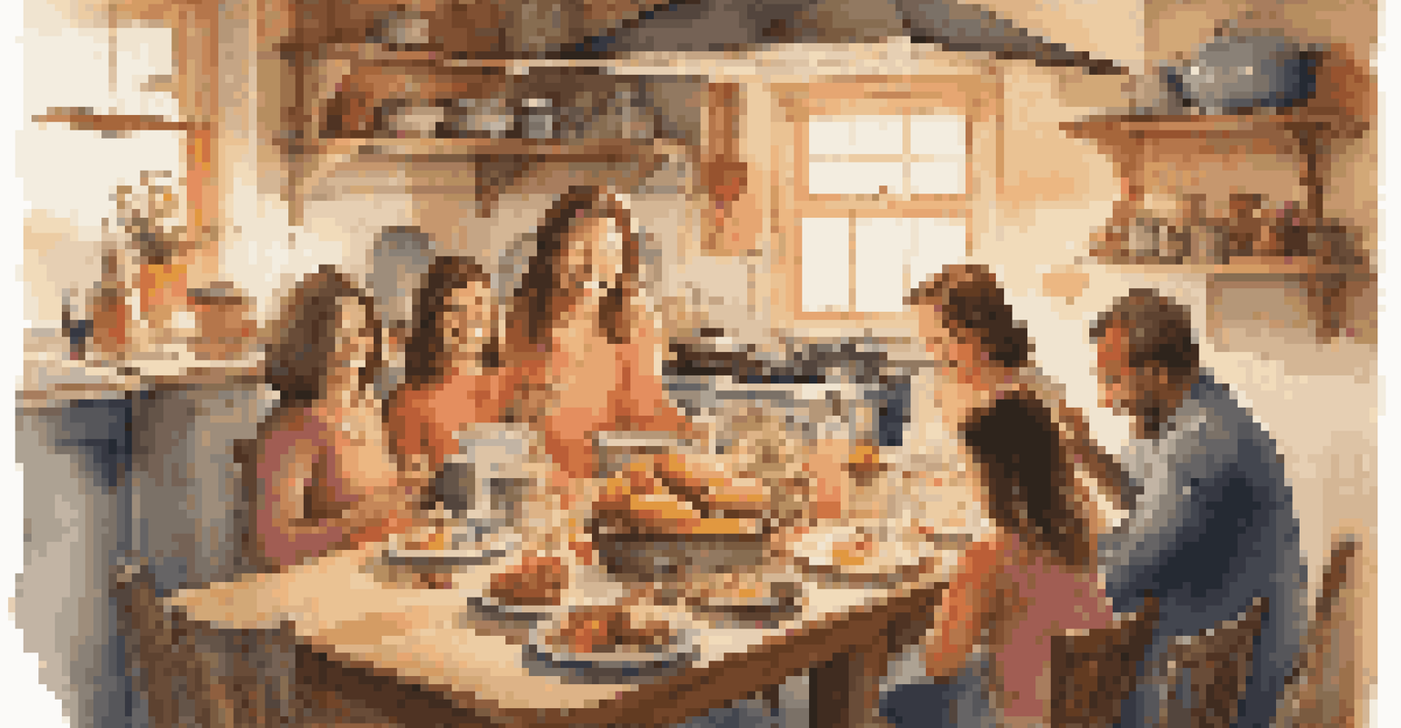 A family gathering in a cozy kitchen with food and laughter, illuminated by soft lantern light.
