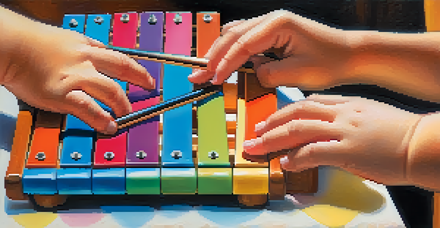 A close-up of a child's hands playing a colorful xylophone in a calming music therapy setting, showcasing focus and engagement.