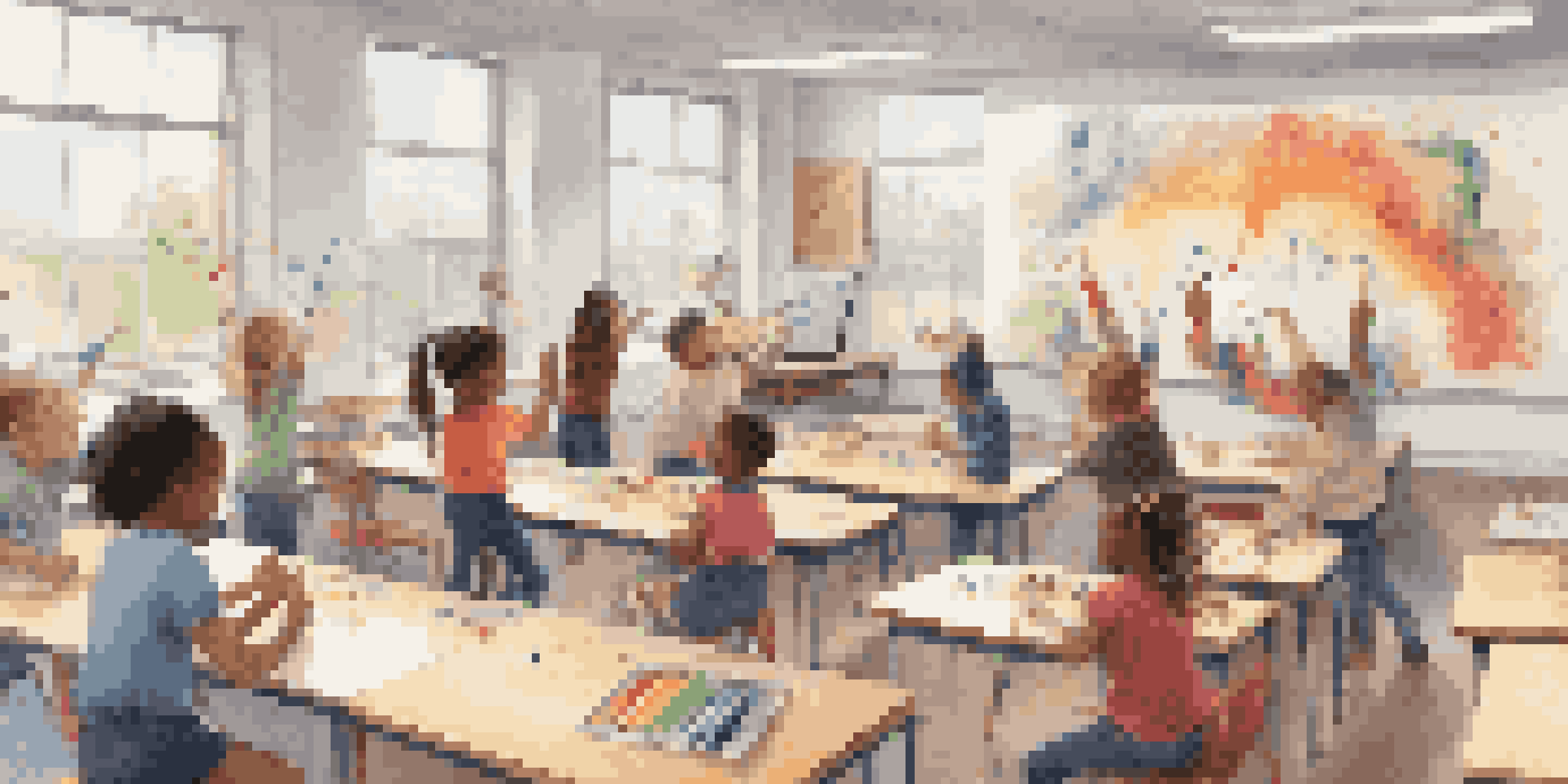 A lively classroom where students are actively experimenting with sound waves using instruments and technology, surrounded by educational posters.