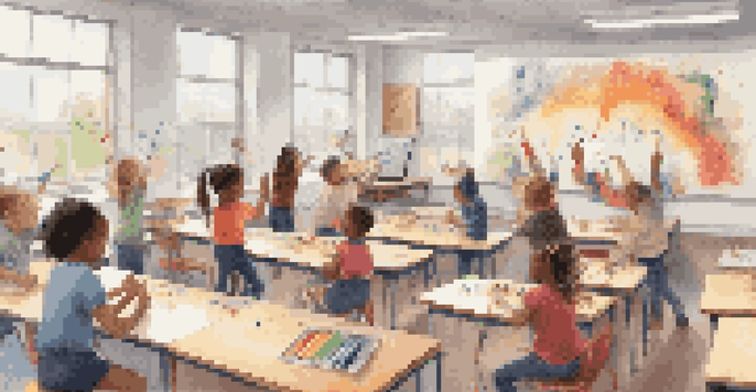 A lively classroom where students are actively experimenting with sound waves using instruments and technology, surrounded by educational posters.