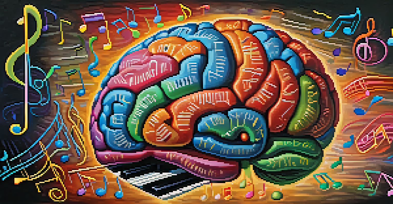 A colorful depiction of a brain surrounded by flowing musical notes, representing the link between music and memory.