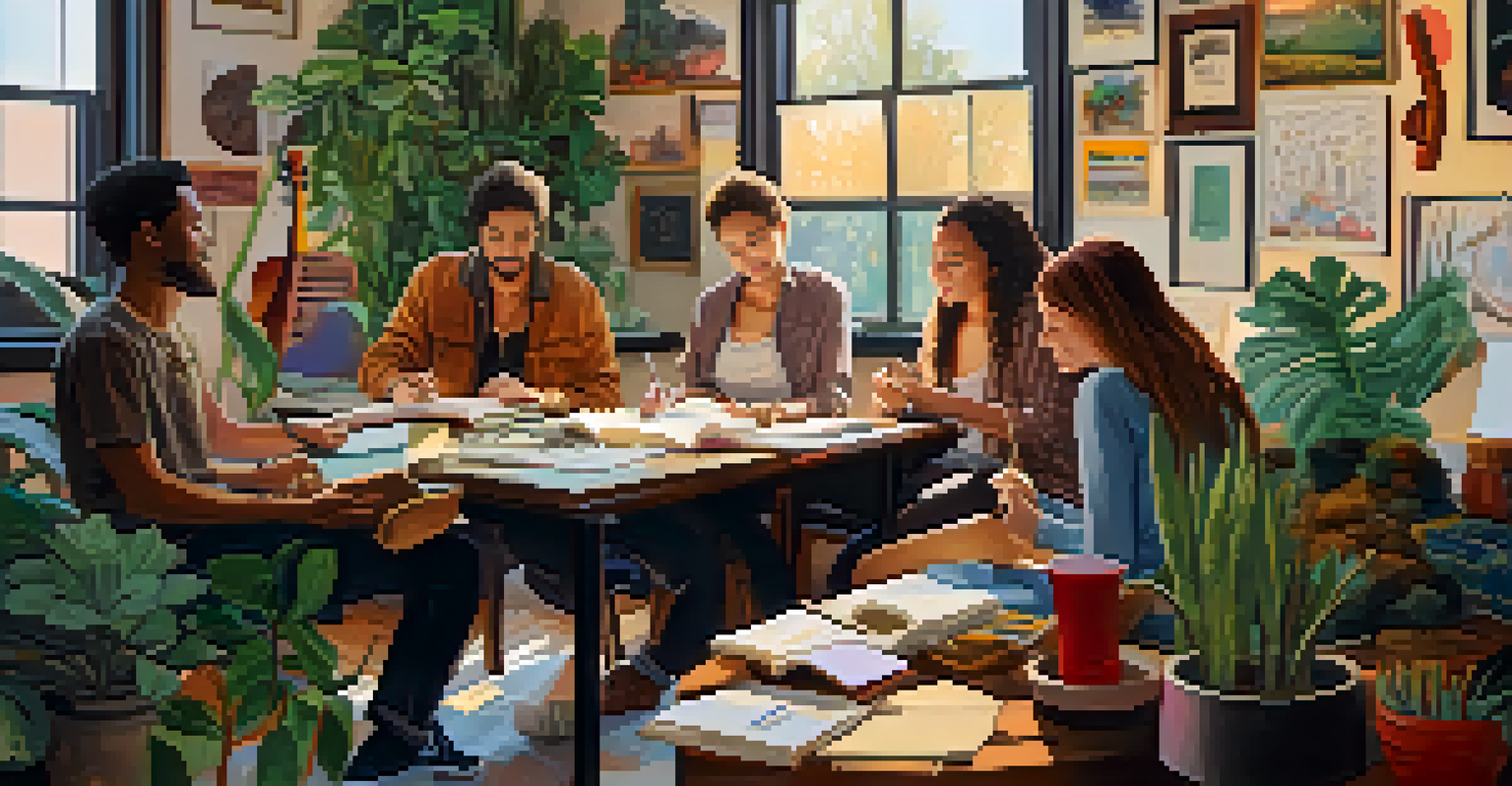 Individuals collaborating to write a song together in a cozy space, with notebooks and musical instruments around them, surrounded by colorful artwork.