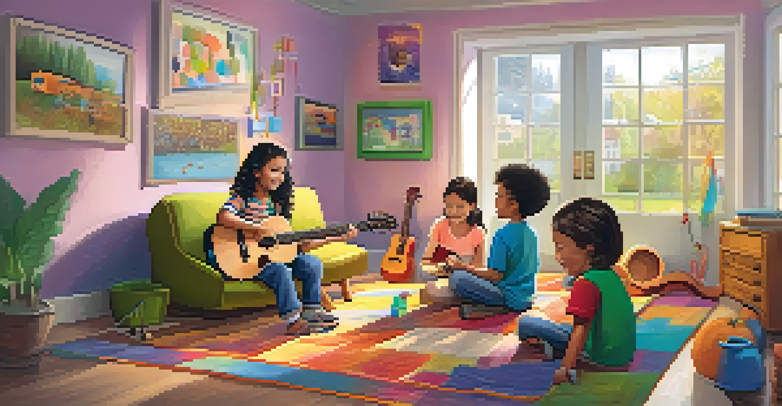Children sitting around a music therapist playing guitar, in a colorful and joyful room.