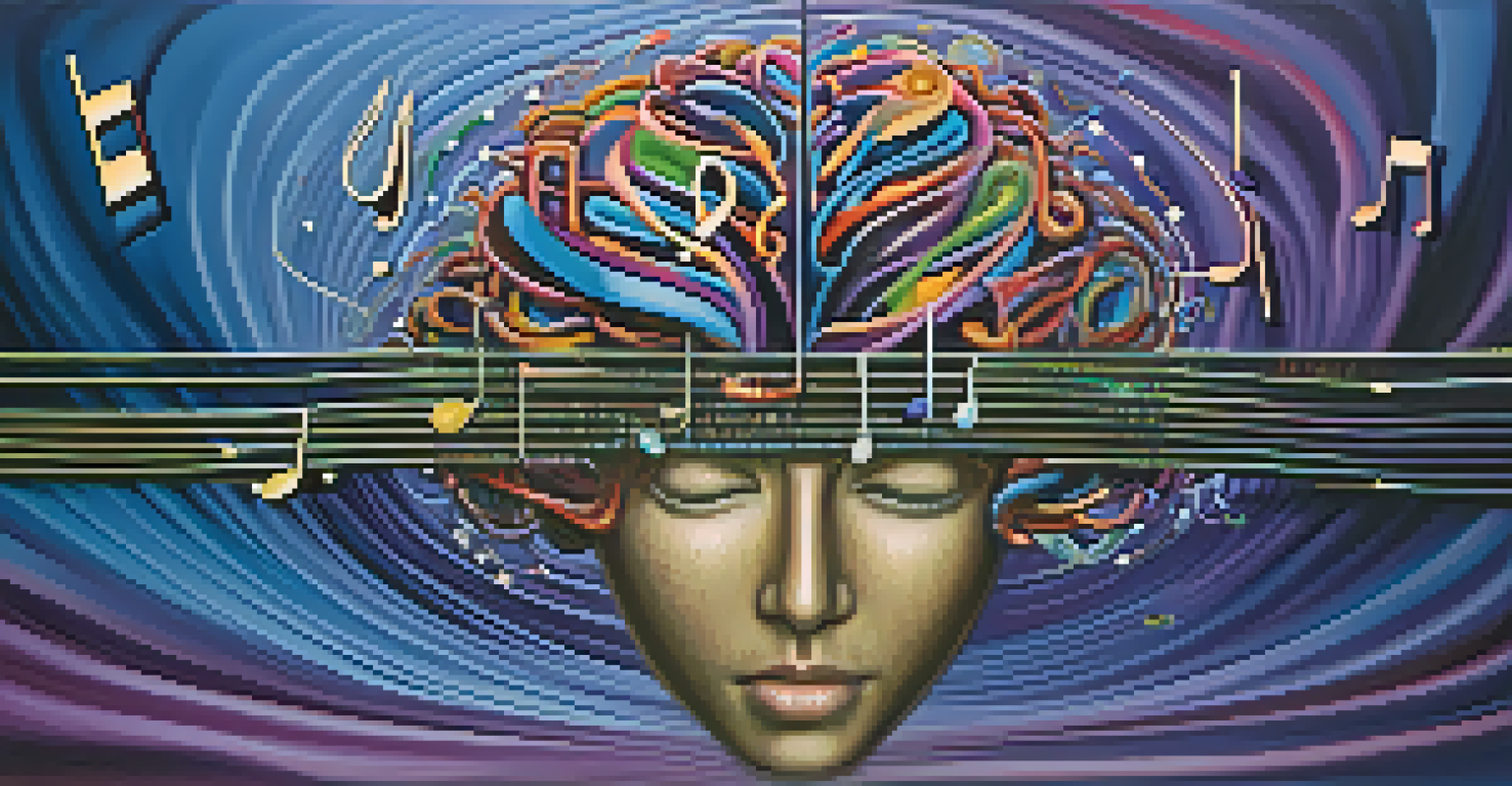 An abstract illustration of sound waves and musical notes around a brain, depicting the relationship between music and learning.