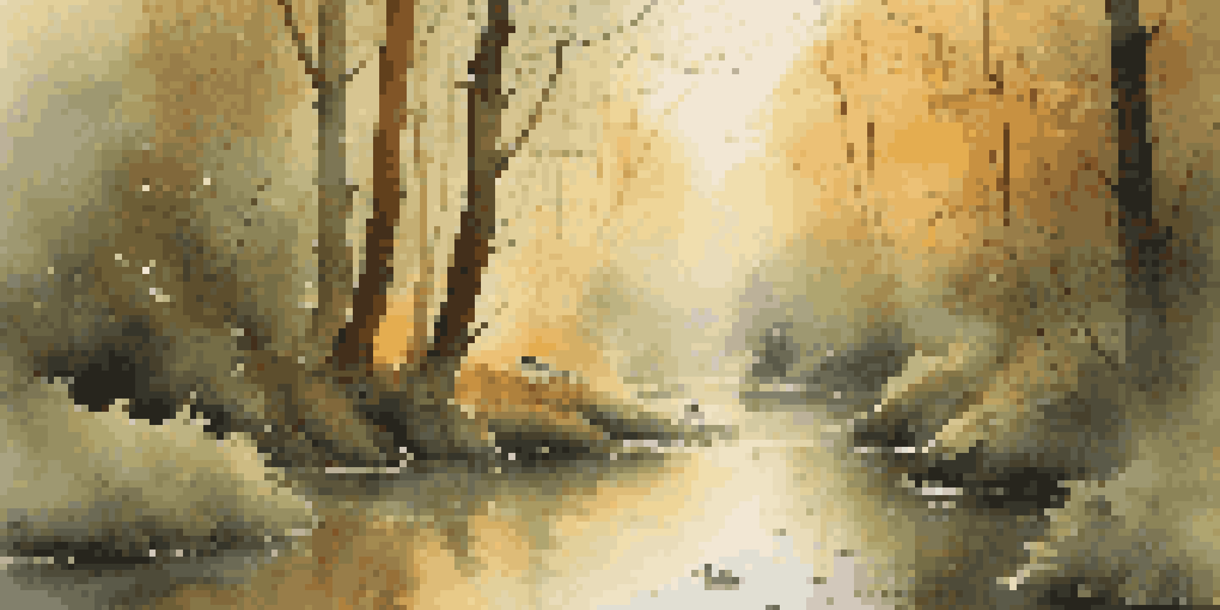 A peaceful forest at dawn with sunlight through the leaves and a stream, featuring birds on branches.