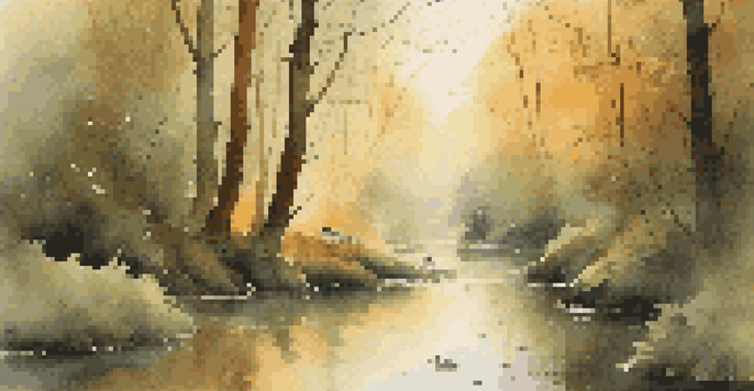 A peaceful forest at dawn with sunlight through the leaves and a stream, featuring birds on branches.
