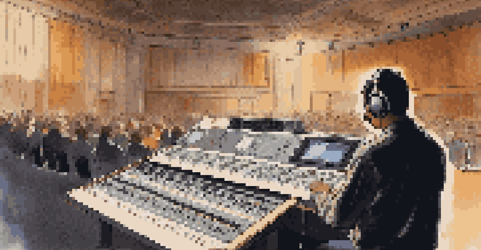 A sound technician monitoring audio levels at a concert hall, with speakers and microphones visible in the background.