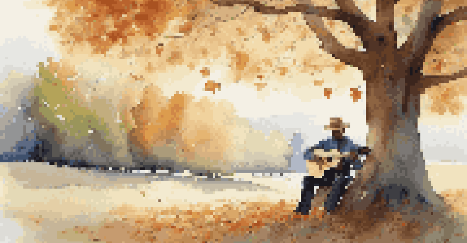 A musician playing an acoustic guitar under a tree in an autumn landscape.