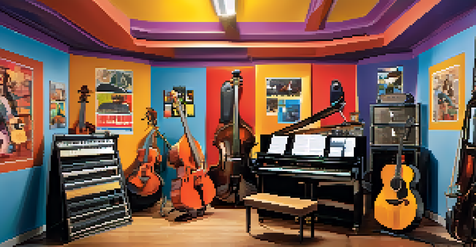 A vibrant music studio filled with various instruments, soundproofing panels, and colorful posters of musicians.