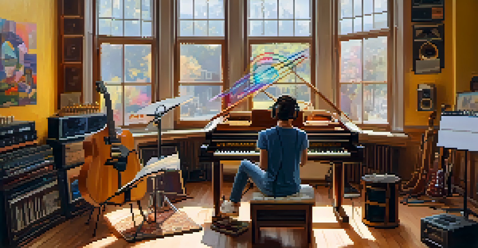 An artist in a home studio interacting with fans during a live music session, with bright light and floating comments.