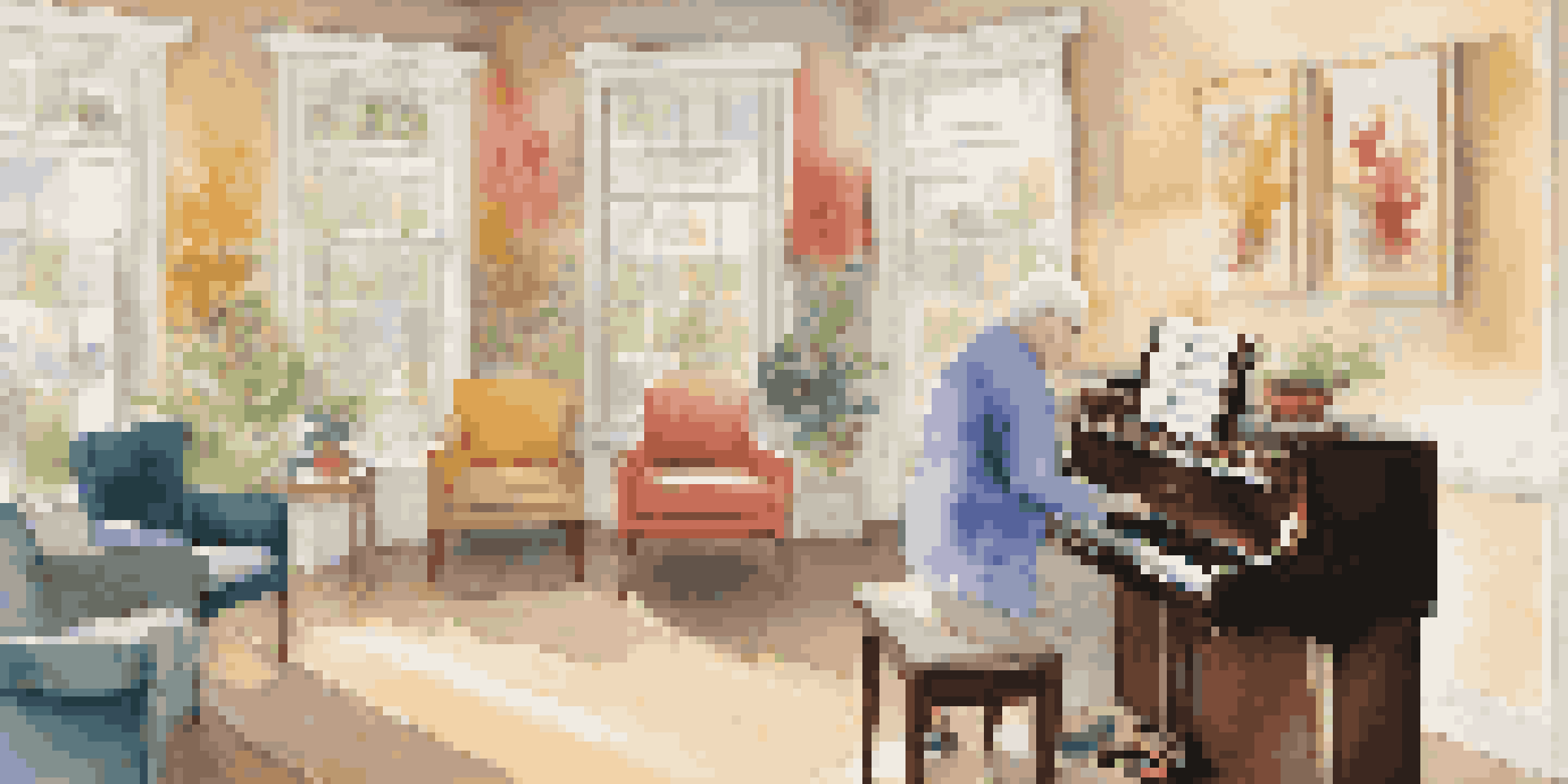 A rehabilitation therapy room with a piano, a therapist engaging with an elderly patient who is singing, and colorful musical notes on the walls.