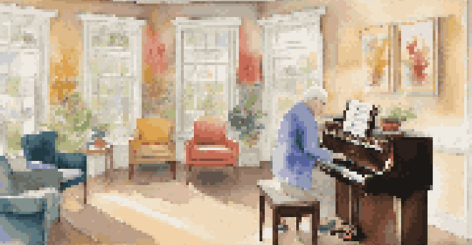 A rehabilitation therapy room with a piano, a therapist engaging with an elderly patient who is singing, and colorful musical notes on the walls.