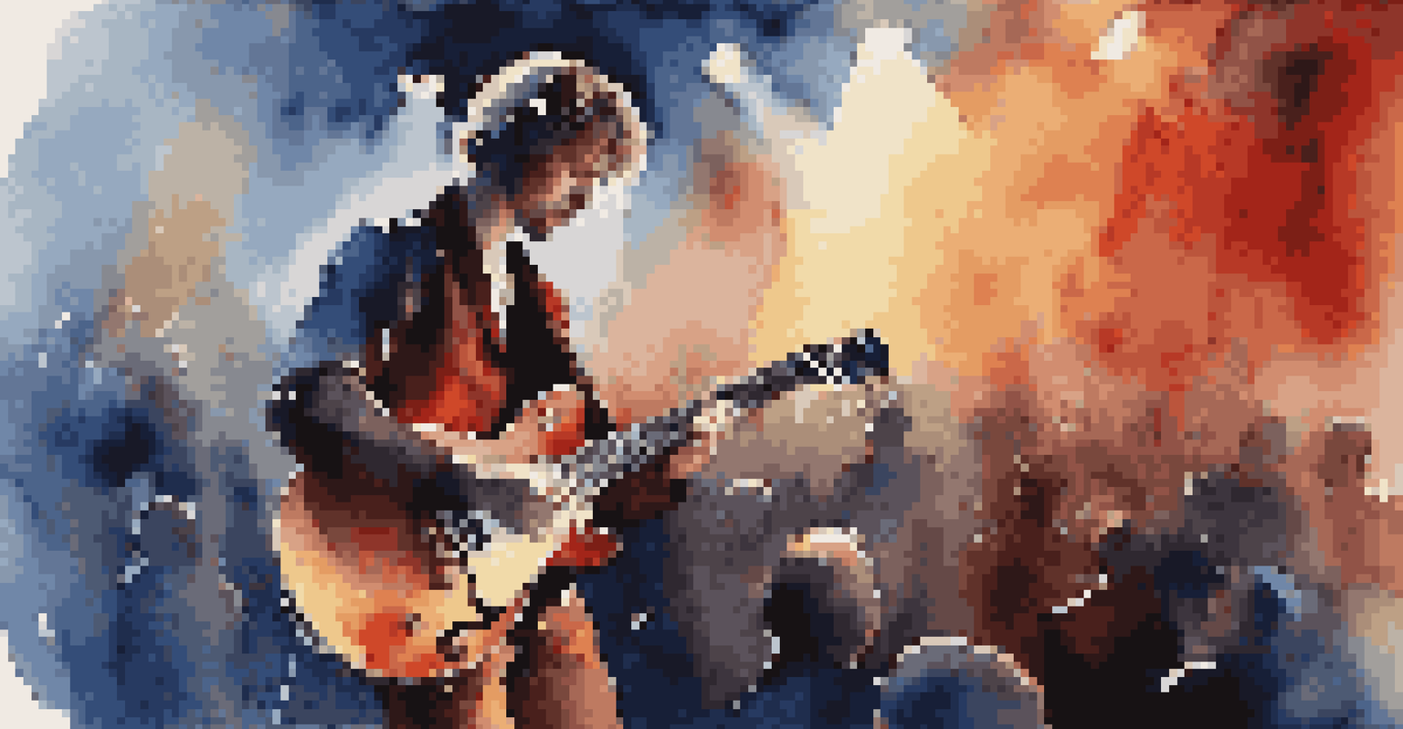 A guitarist engaging with the audience through expressive movements during a performance.