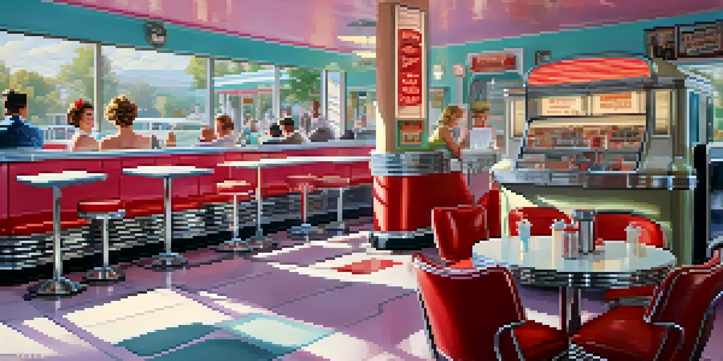 A vibrant 1950s diner scene with a jukebox, busy customers, and retro decor illuminated by warm sunlight.