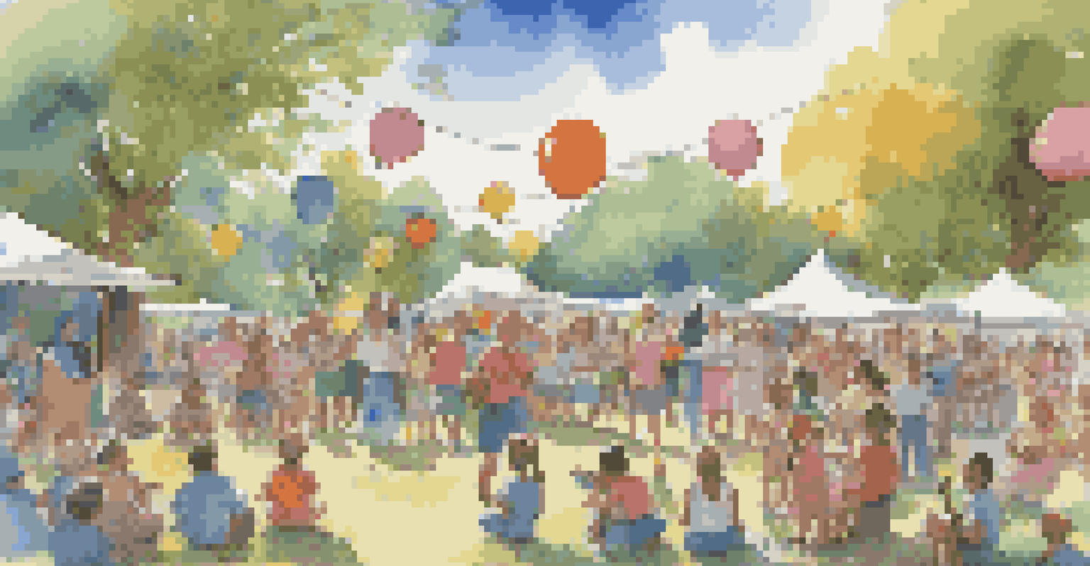 A vibrant community sing-along in a park with children learning songs from elderly musicians, surrounded by colorful decorations.