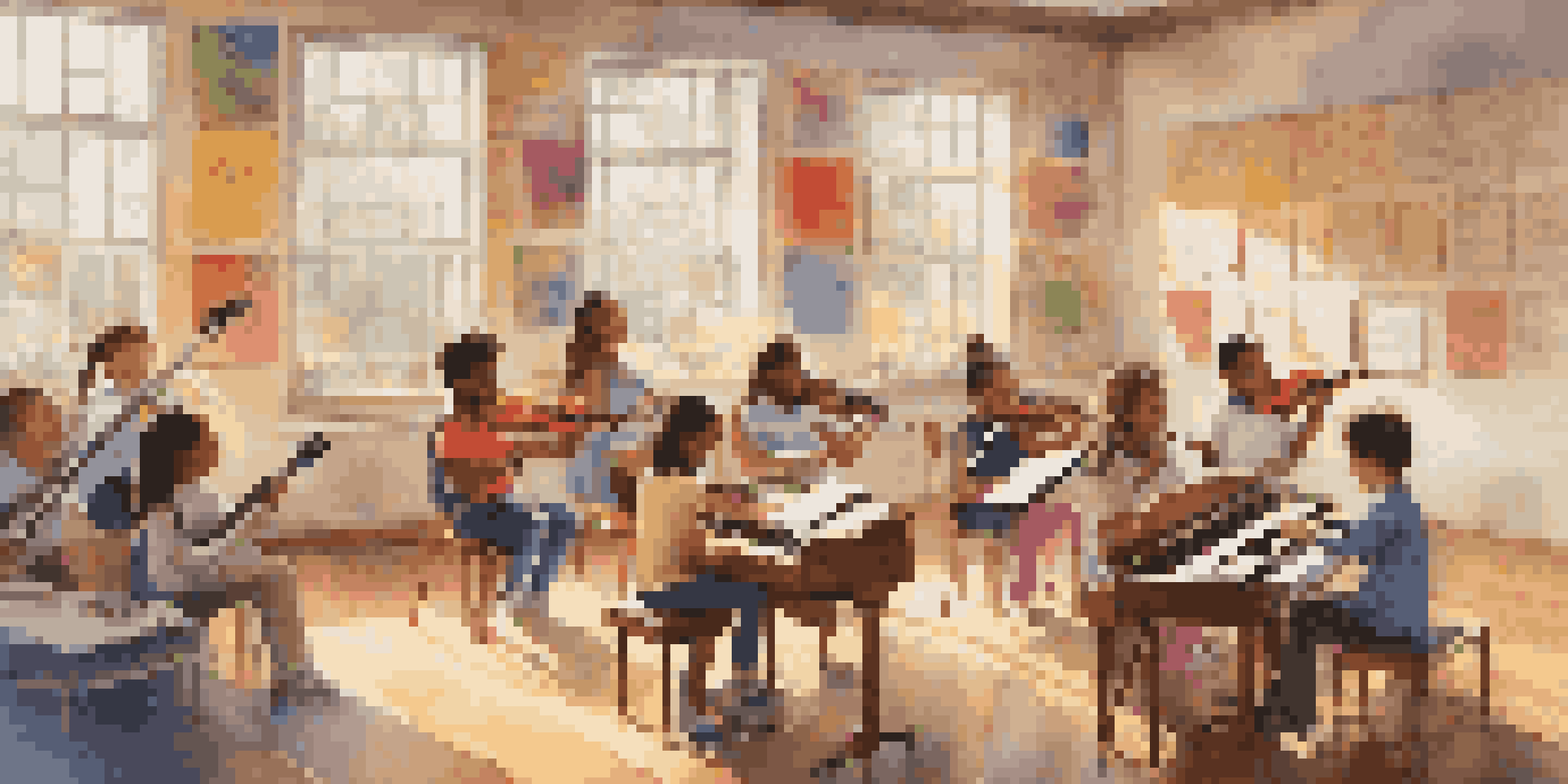 A lively classroom with diverse children playing musical instruments, surrounded by colorful posters and sunlight streaming through windows.