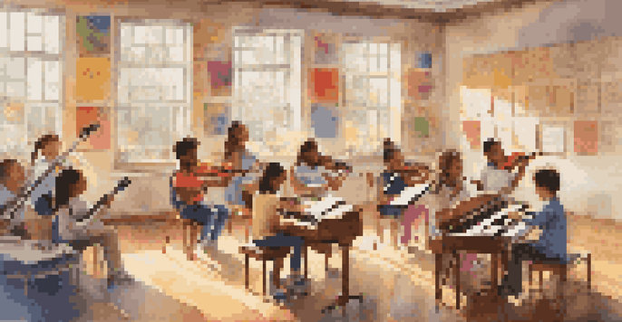 A lively classroom with diverse children playing musical instruments, surrounded by colorful posters and sunlight streaming through windows.
