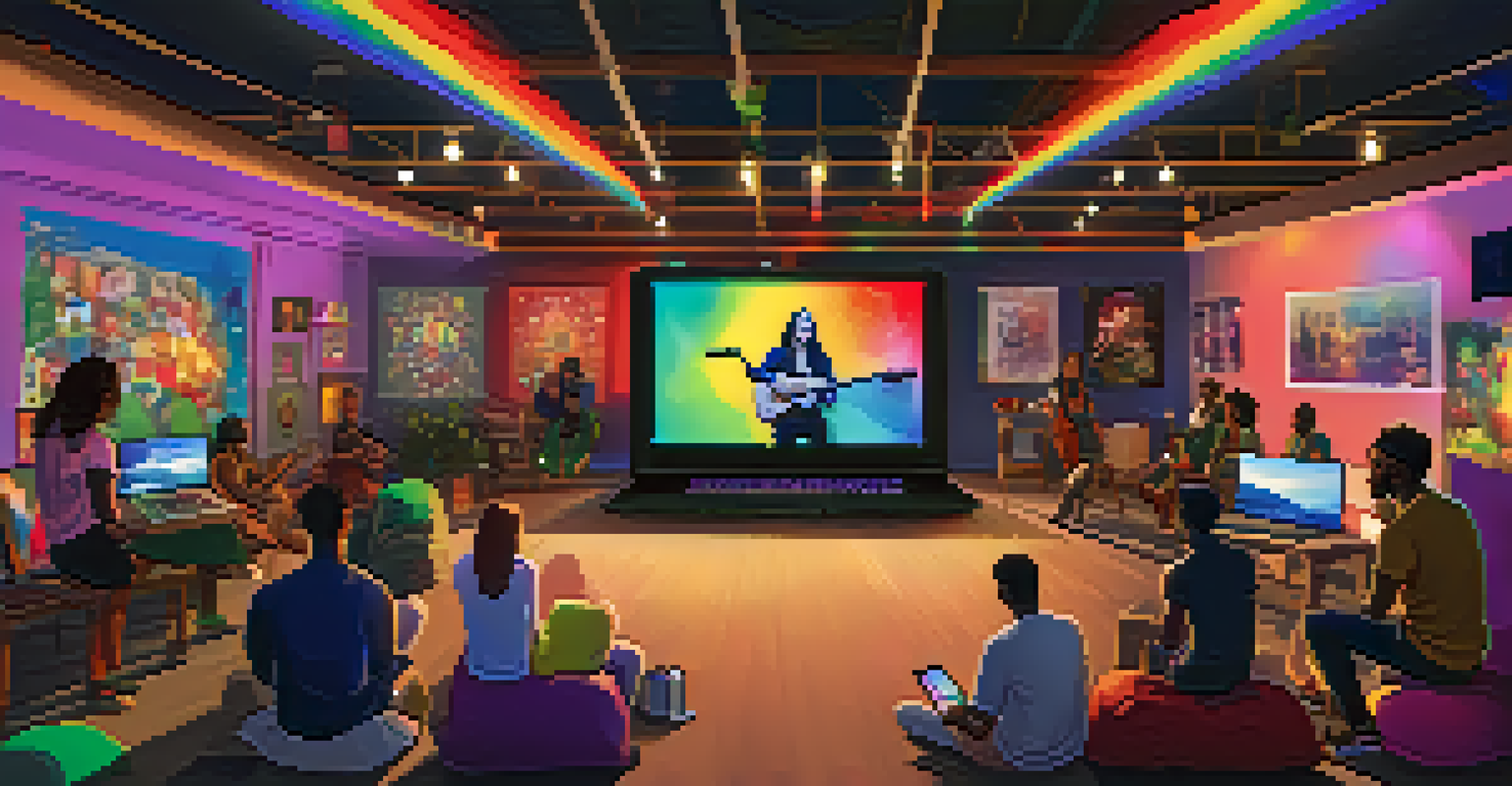 Fans enjoying a virtual concert on a laptop, surrounded by artist posters and colorful lights in a festive room.