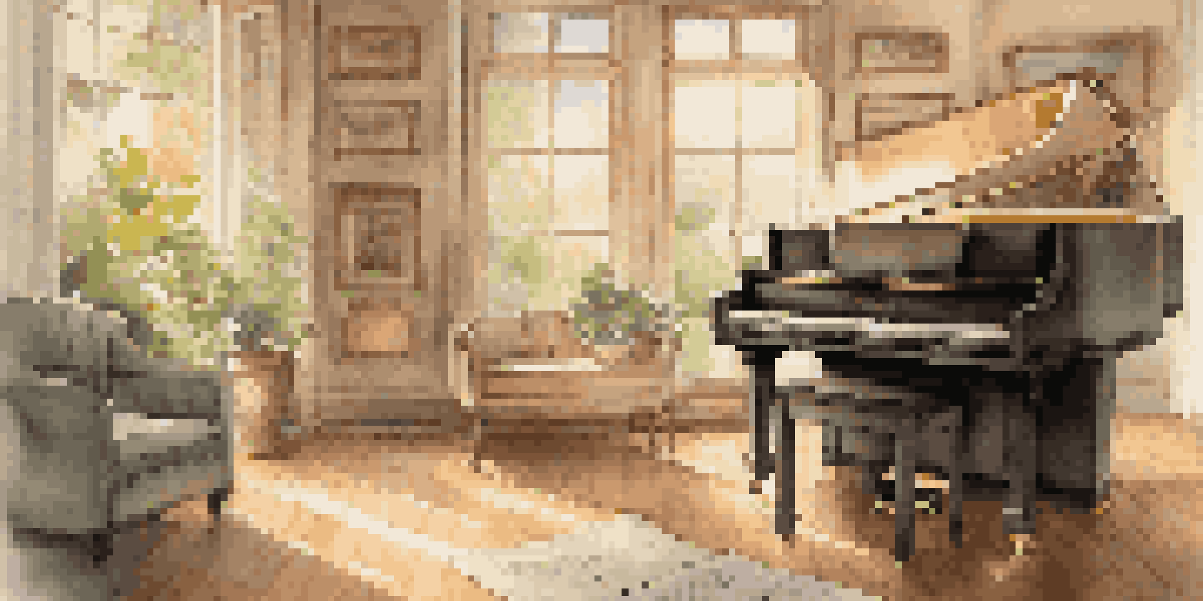A tranquil music studio featuring a grand piano, sheet music, and a vintage microphone, with warm lighting and a garden view.
