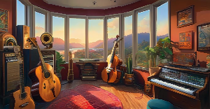 A diverse group of musicians in a colorful studio, collaborating with various instruments, bathed in warm light during sunset.