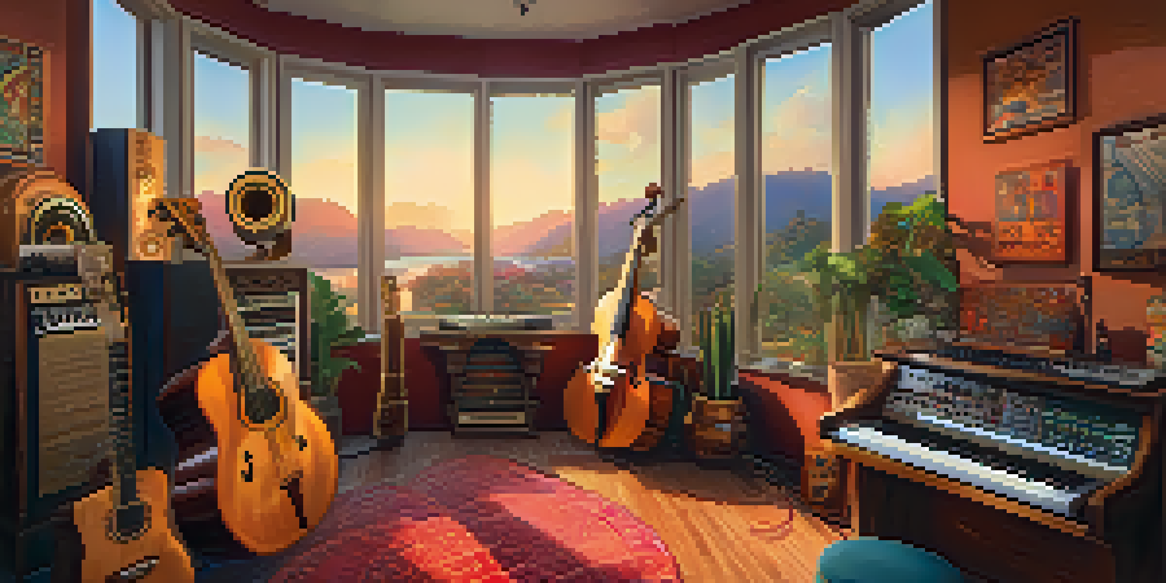 A diverse group of musicians in a colorful studio, collaborating with various instruments, bathed in warm light during sunset.