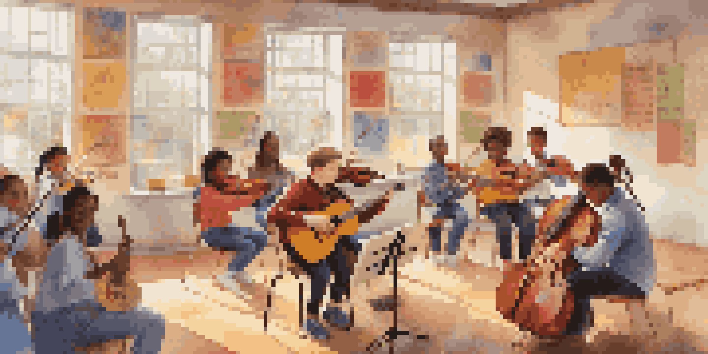 A classroom filled with students playing different musical instruments, surrounded by colorful music posters and sunlight.