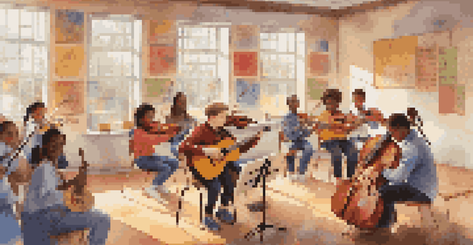 A classroom filled with students playing different musical instruments, surrounded by colorful music posters and sunlight.