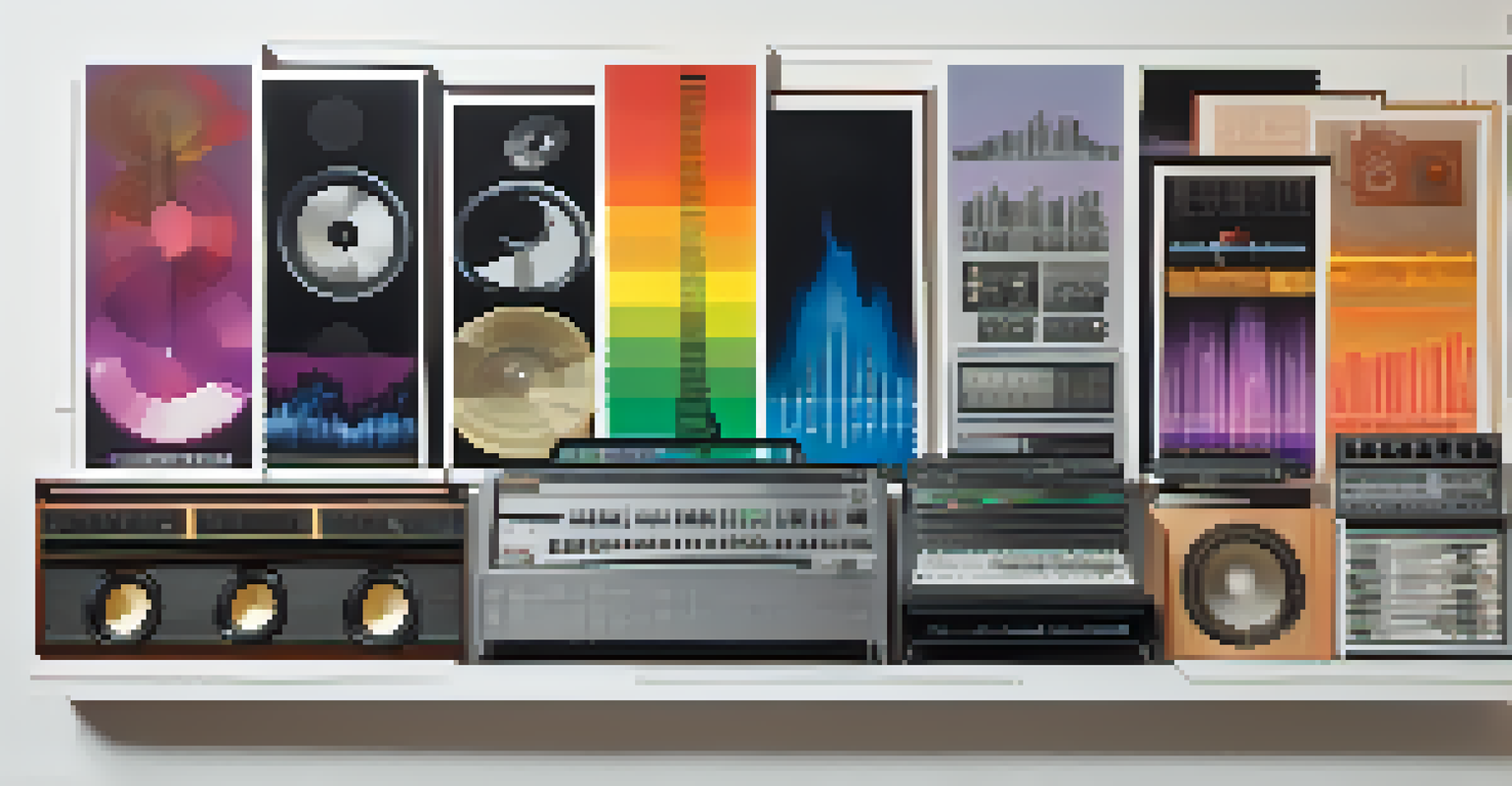 An abstract timeline showing the evolution of music genres with colorful symbols and sound waves.