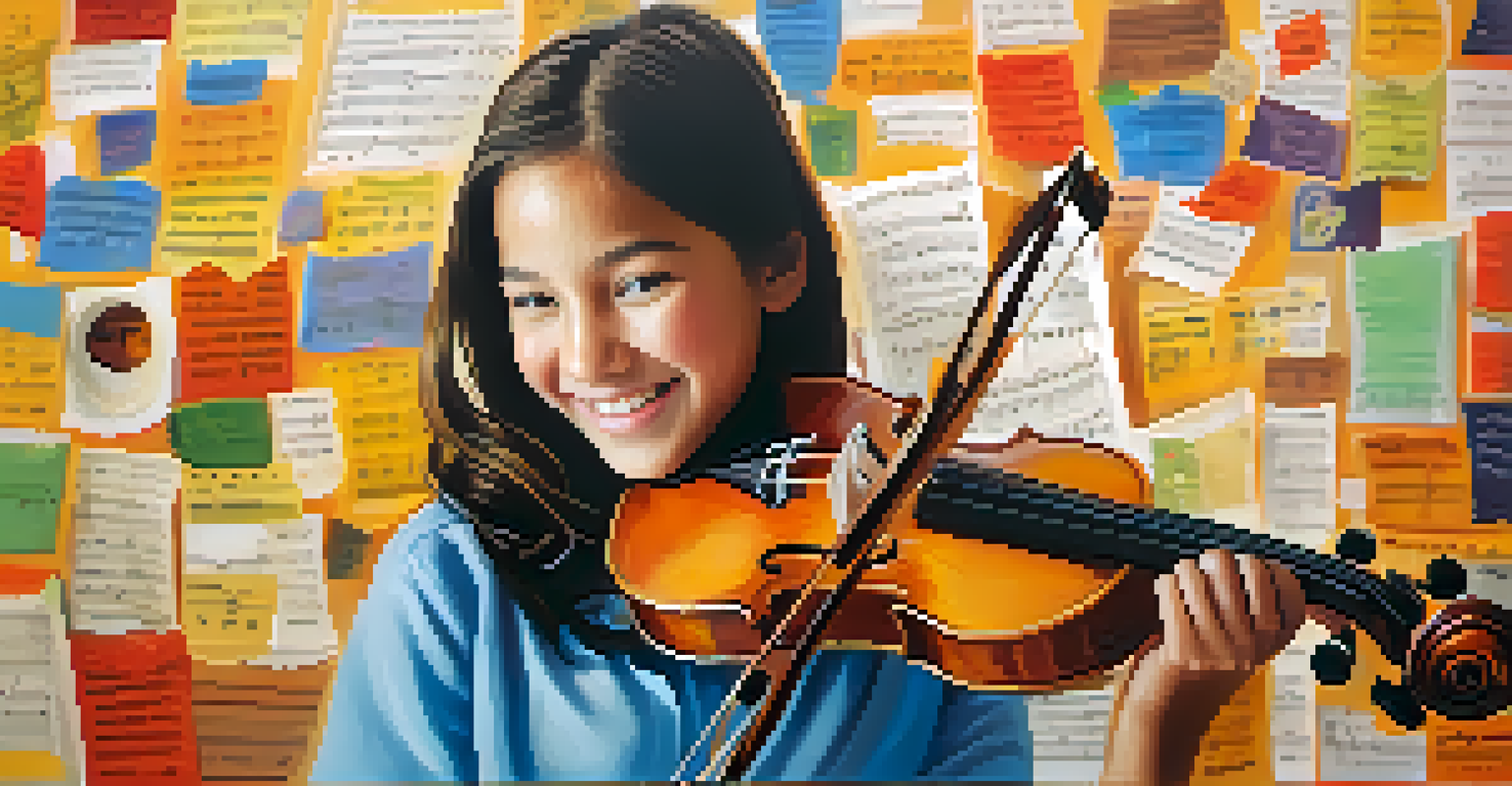 A young girl smiling with her violin in a community center filled with musical decorations, showcasing her passion for music education.