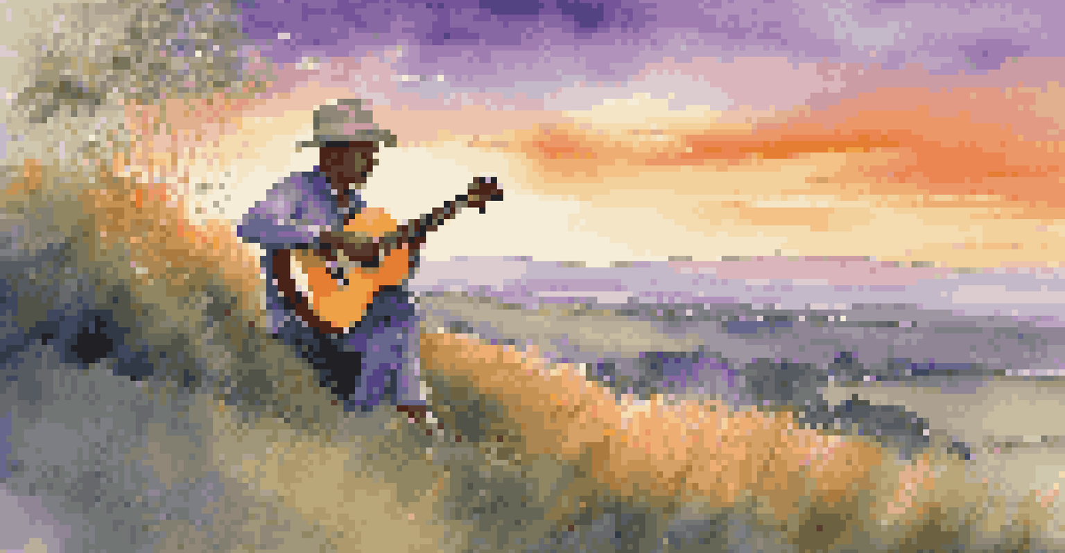 A person playing guitar on a grassy hill at sunset, with a colorful sky and a peaceful expression.