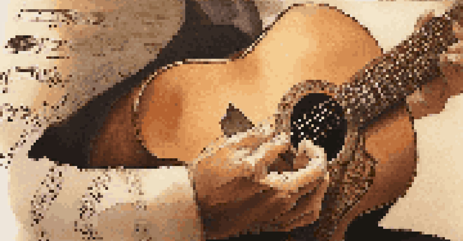 A close-up of hands playing a classical guitar, with sheet music and a softly flickering candle in the background, highlighting the guitar's texture and the intricacies of the music.