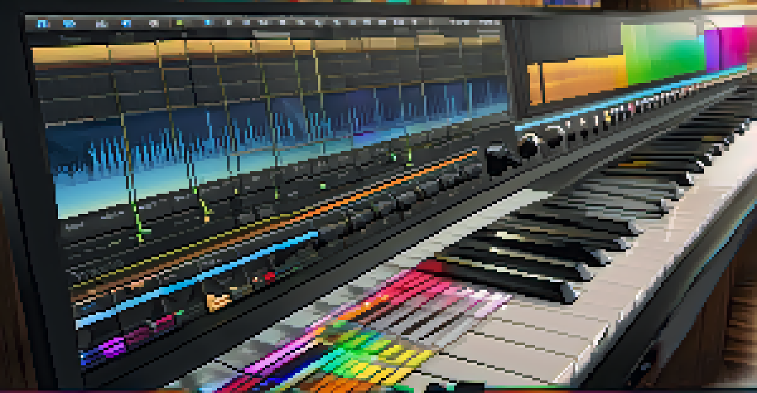 A digital audio workstation screen showing a music composition timeline in a cozy home studio setting.