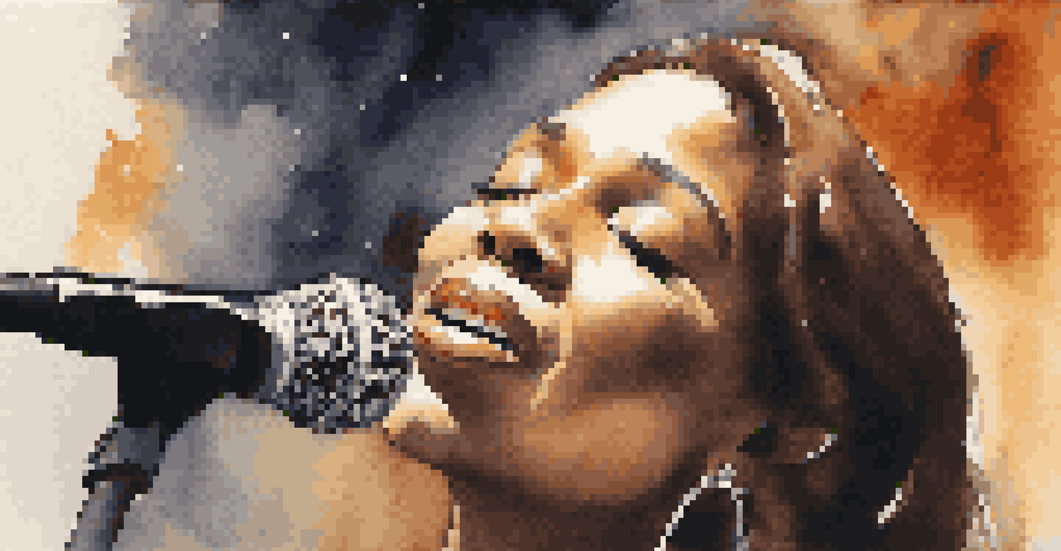 A close-up of a passionate singer performing on stage with warm lights and an engaged audience in the background.