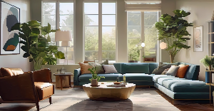 A cozy living room with a smart speaker on a coffee table and a person interacting with it.