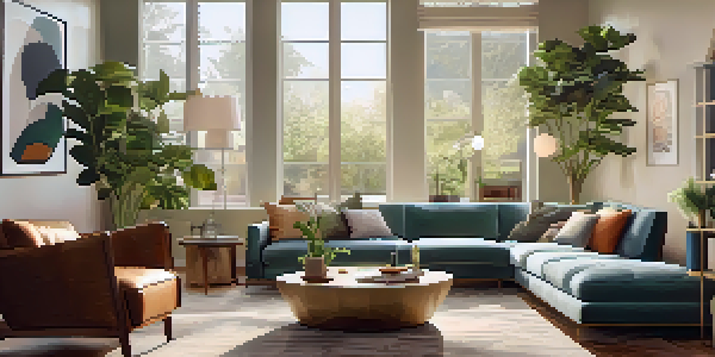 A cozy living room with a smart speaker on a coffee table and a person interacting with it.