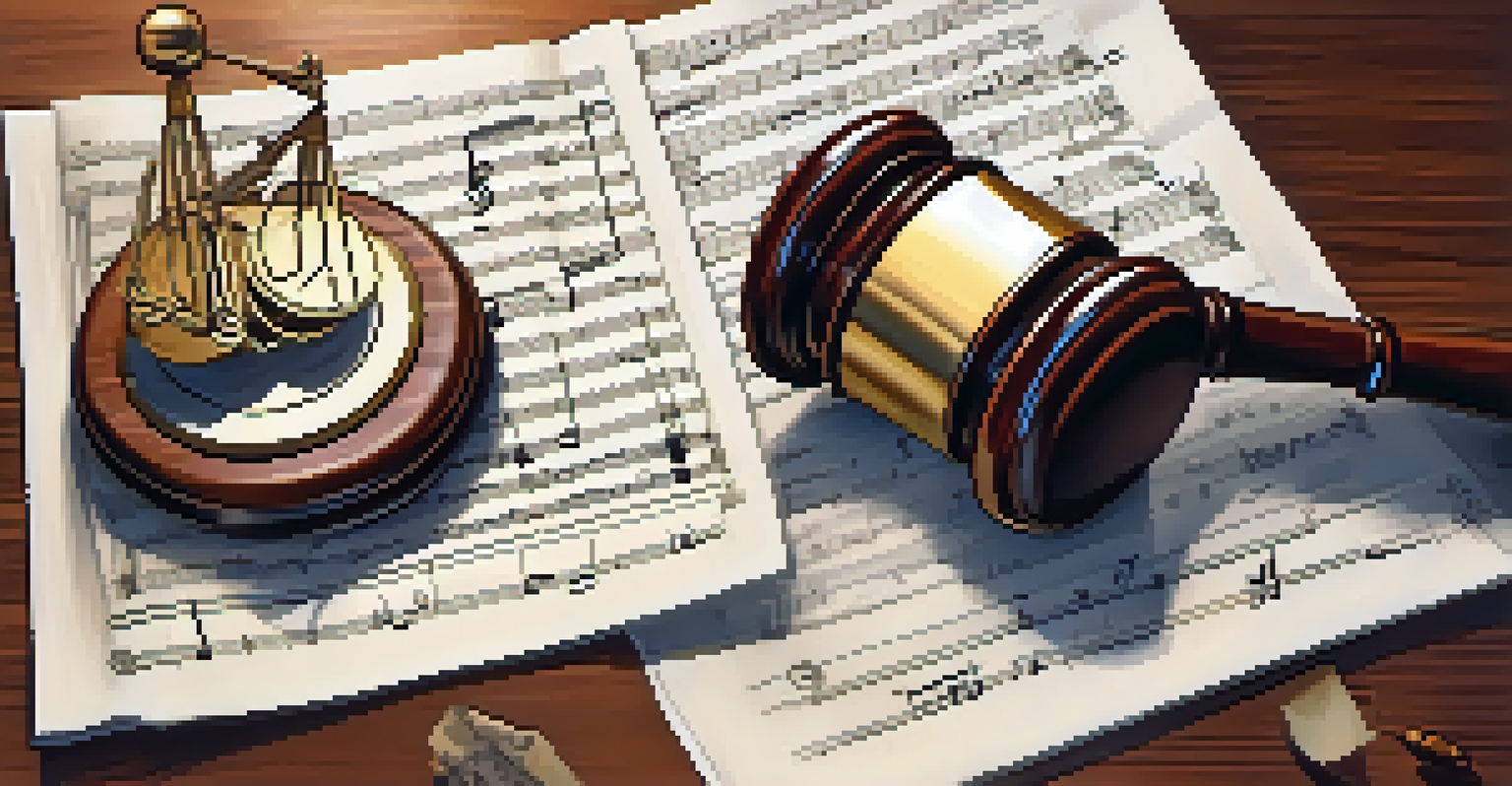 A symbolic representation of music licensing with a gavel, music notes, and legal documents on a table.