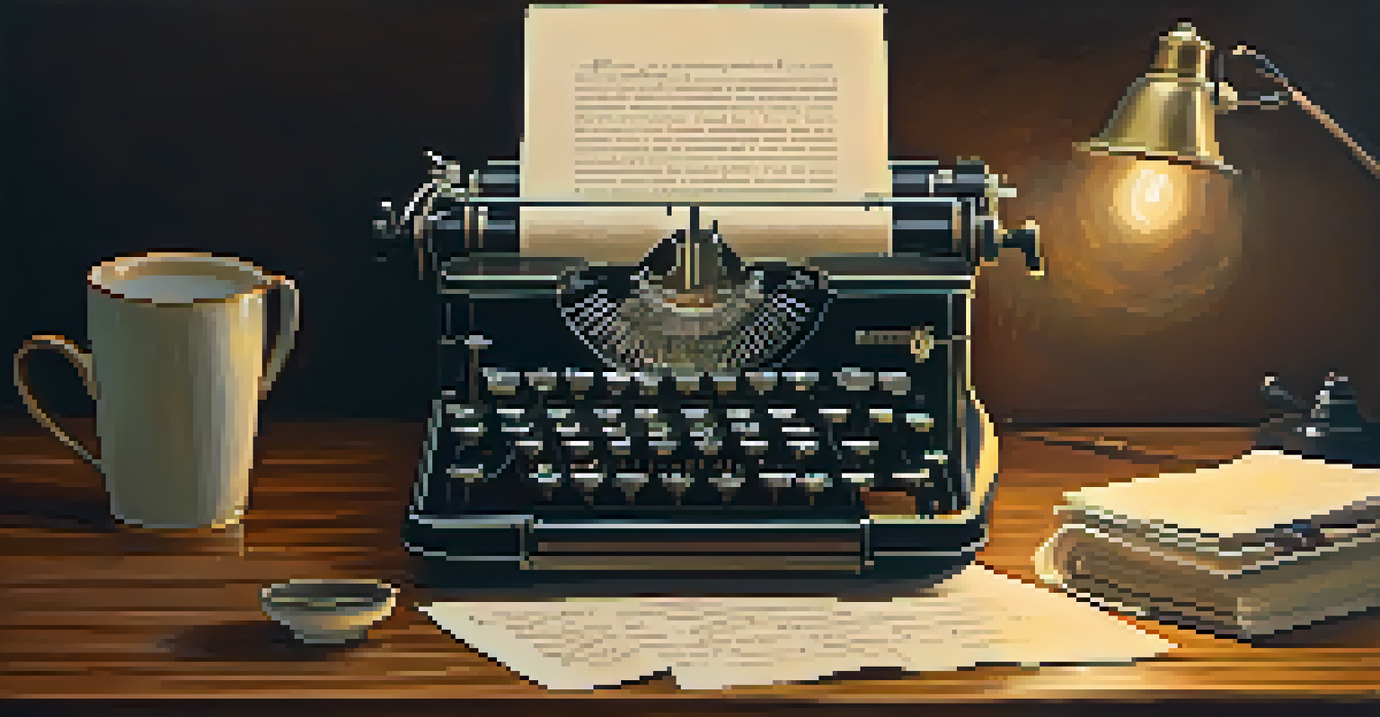 A vintage typewriter on a wooden desk with handwritten lyrics and a steaming cup of coffee in a warm ambiance.