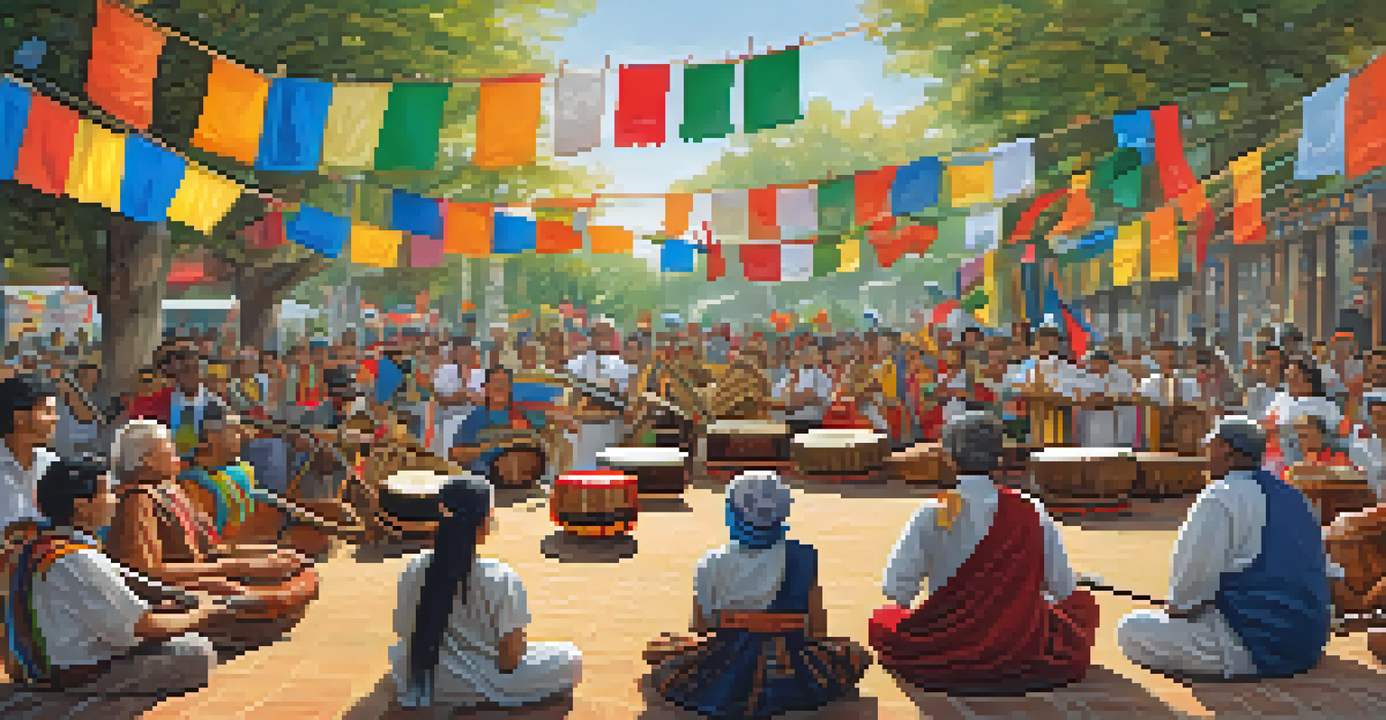 A community event with performers of various cultures playing traditional music, surrounded by an engaged audience.
