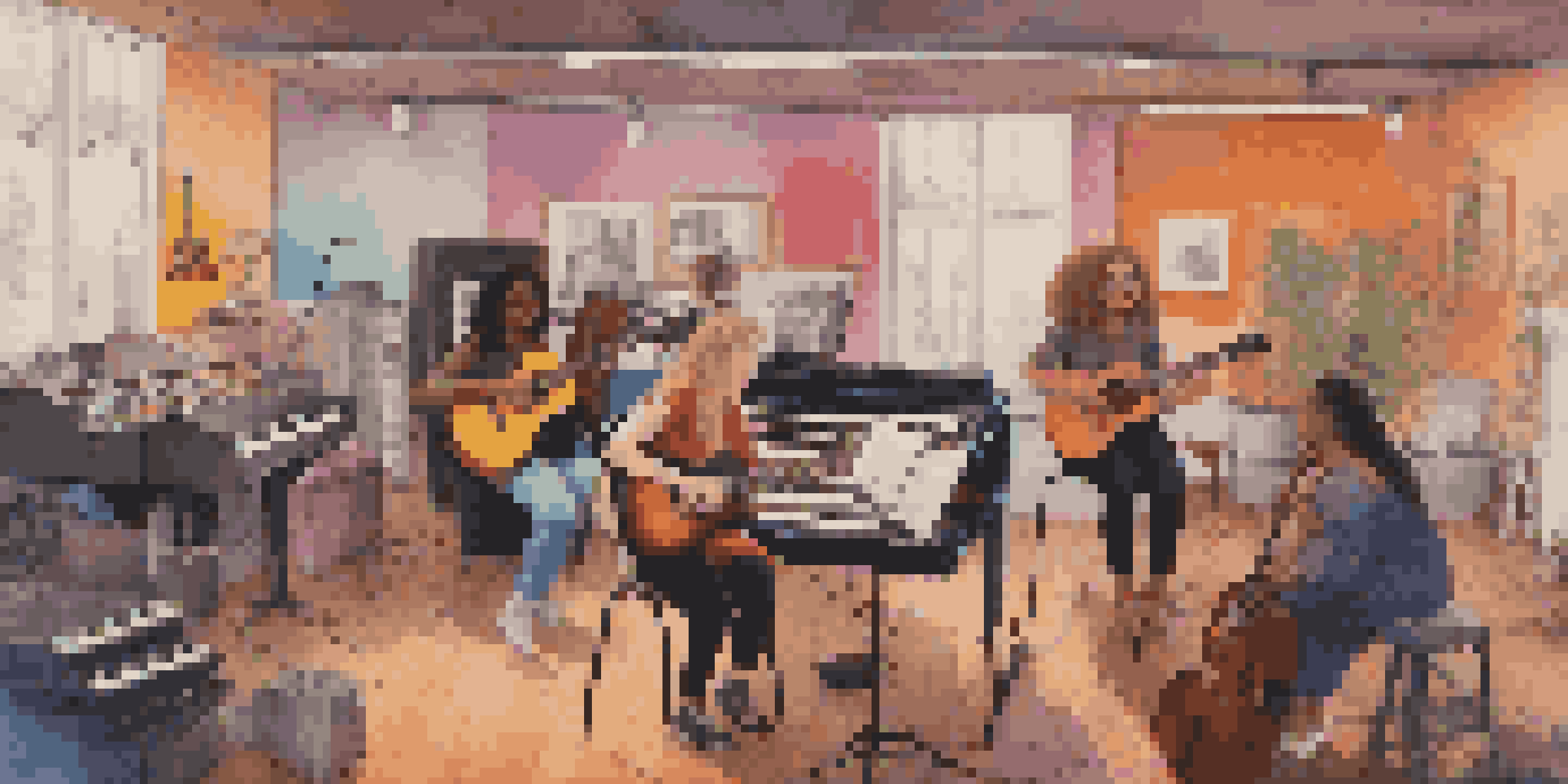 A diverse group of female musicians working together in a colorful music studio filled with sound equipment and warm lighting.