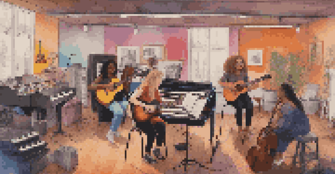 A diverse group of female musicians working together in a colorful music studio filled with sound equipment and warm lighting.