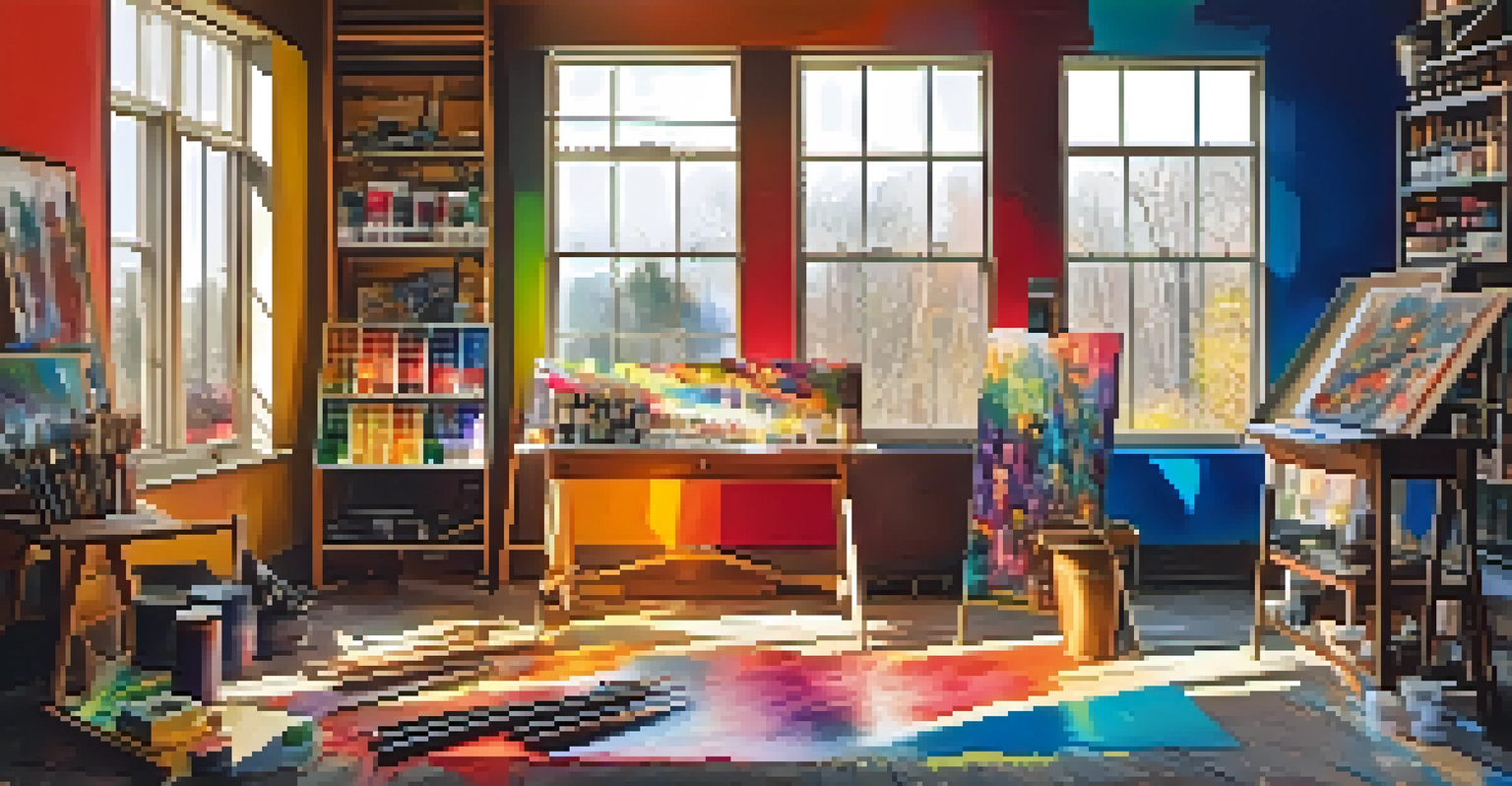 An artist's workspace with colorful paint tubes and brushes scattered around, and a canvas showing a bright abstract painting, lit by sunlight streaming through a window.