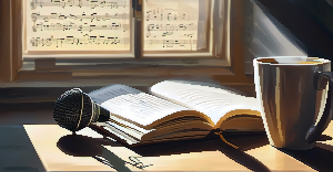 Handwritten song lyrics in a notebook with a cup of coffee and a vintage microphone, illuminated by sunlight.