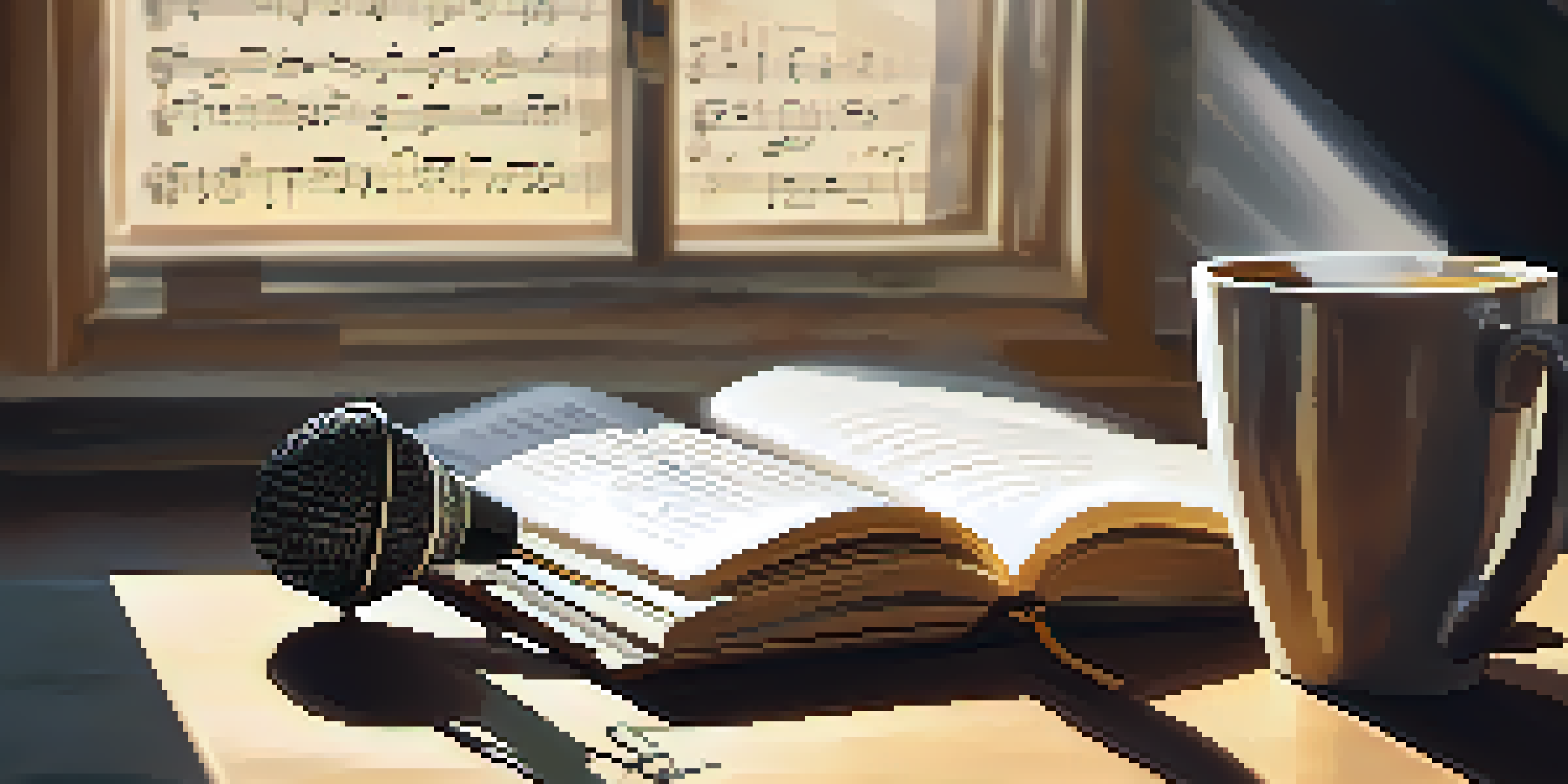 Handwritten song lyrics in a notebook with a cup of coffee and a vintage microphone, illuminated by sunlight.