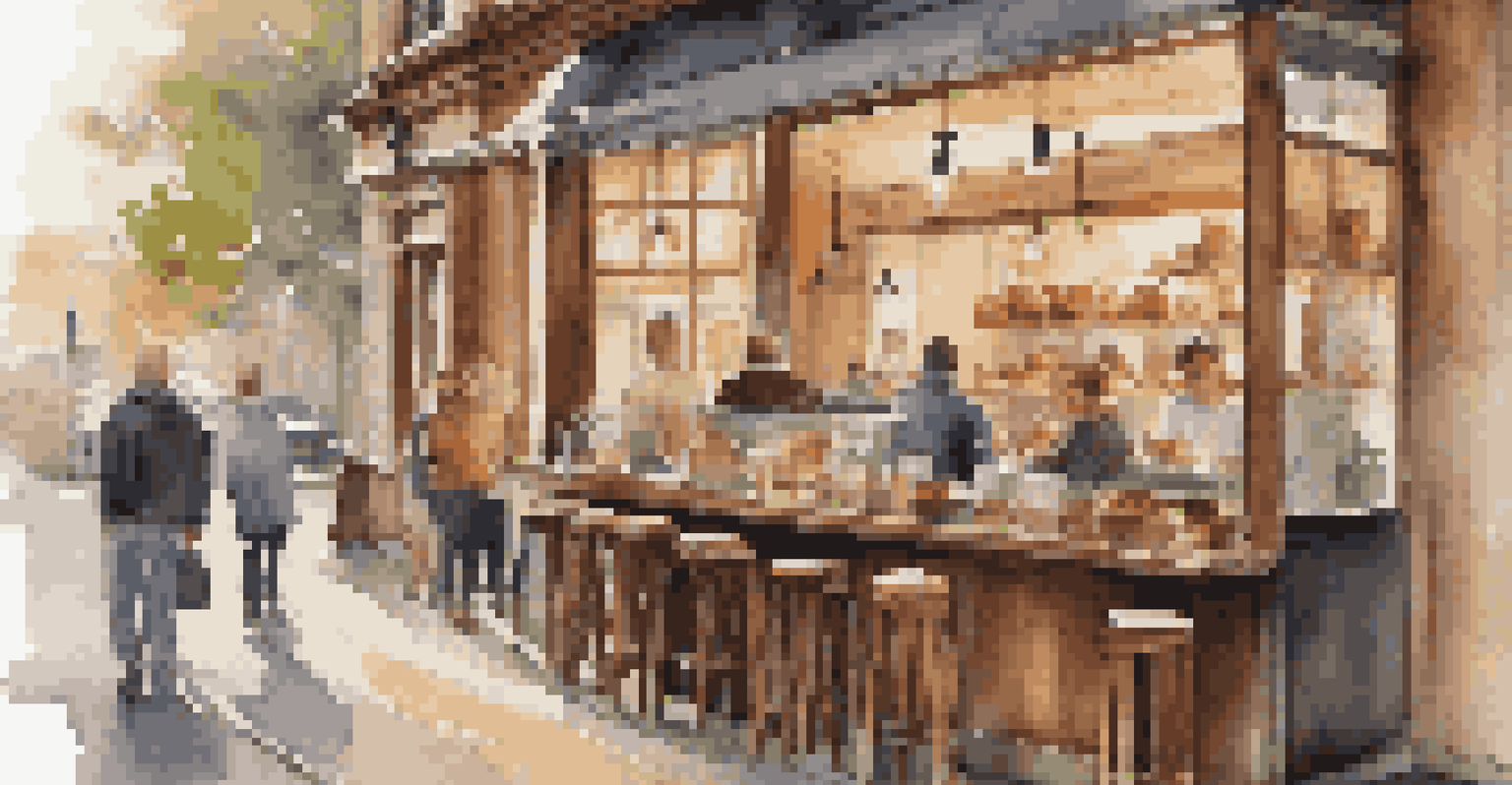 A cozy coffee shop with patrons, warm lighting, and a barista preparing drinks.