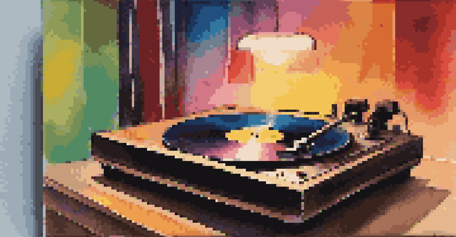Close-up of a spinning vinyl record on a turntable with colorful album covers around it, illuminated by a warm lamp light.