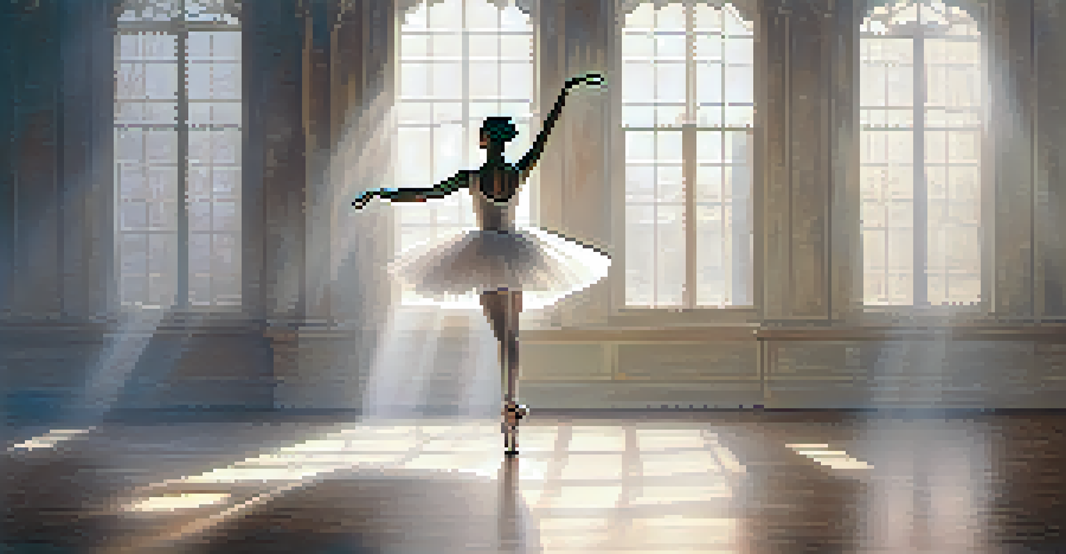 A ballerina in a white tutu performing a pirouette on stage with soft, sunlit lighting.
